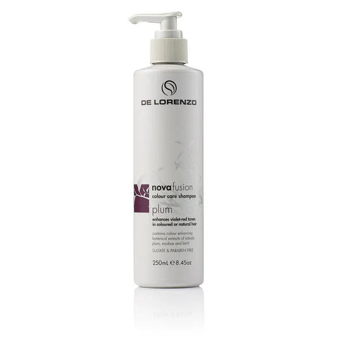 Delorenzo Novafusion Shampoo 250ml in original packaging, featuring a sleek bottle with a pump dispenser and label.
