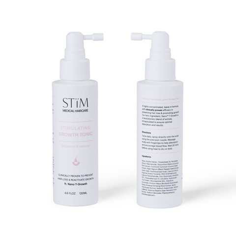 Stïm Haircare stimulating growth tonic duo in bottles, natural ingredients for hair growth and scalp nourishment.