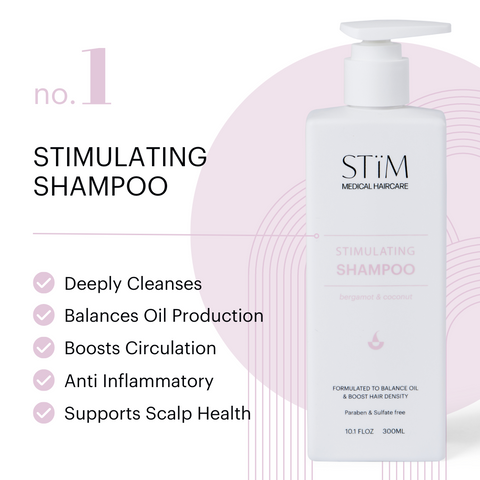 Stïm Haircare stimulating shampoo bottle with sleek design, featuring brand logo and product label, on a neutral background.