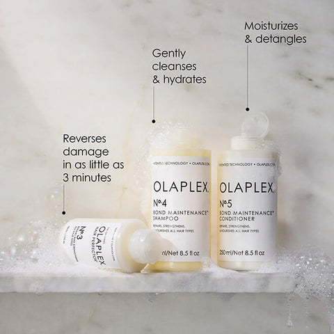 Olaplex No.5 Bond Maintenance Conditioner bottle shown with infographic background, highlighting hair repair and conditioning benefits.