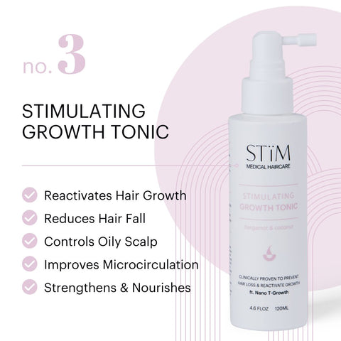 Stïm Haircare Stimulating Growth Tonïc Duo bundle with two bottles of hair growth treatment, clear liquid in dark bottles.