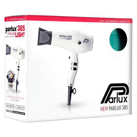 Parlux 385 Ionic Hair Dryer with 2150W power, featuring a sleek design and ergonomic handle for professional styling.