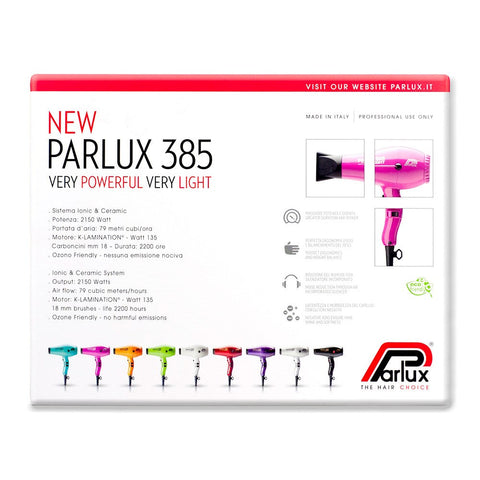 Parlux 385 Ionic Hair Dryer 2150W with ergonomic handle and diffuser attachment, black and silver finish.