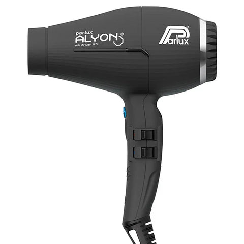 Parlux Alyon 2250W matte black hair dryer with ergonomic design and concentrator nozzle for professional styling.