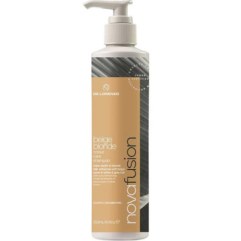 Delorenzo Novafusion Colour Shampoo 250ml bottle with vibrant label, designed for colored hair care.