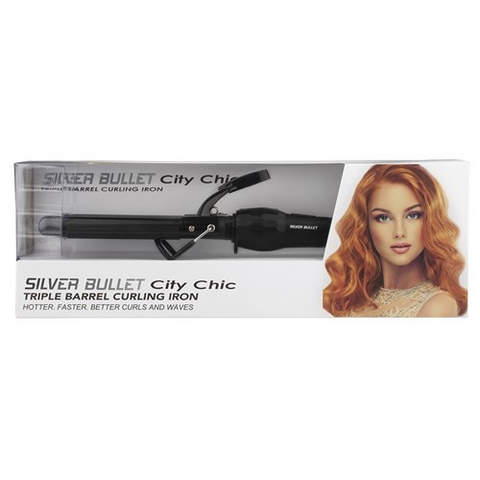 Silver Bullet City Chic triple barrel curling iron for creating smooth, voluminous curls with a sleek silver finish.