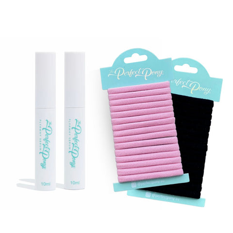 Bundle of two Perfect Pony Flyaway Serums and two hair ties from Perfect Pony Hair for sleek, smooth ponytail styling.
