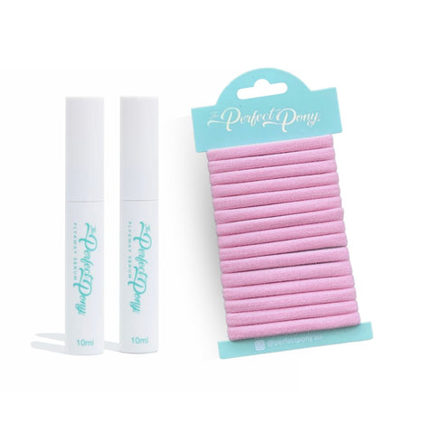 Two Perfect Pony Flyaway Serums with matching hair ties from Perfect Pony Hair, ideal for smoothing and securing hair styles.