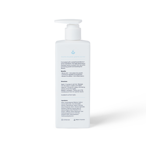 Stïm Haircare stimulating shampoo bottle with label, displayed against a plain background.