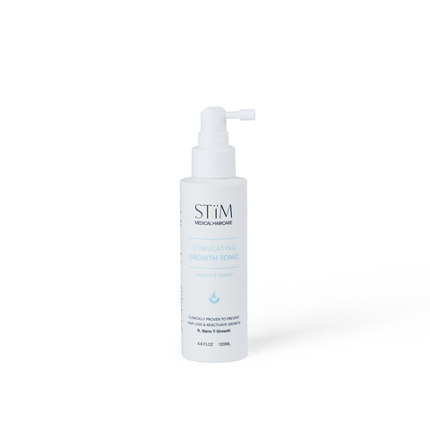 Stïïmulating Growth Tonïc bottle from Stïm Haircare, featuring a sleek design and clear labeling on a white background.