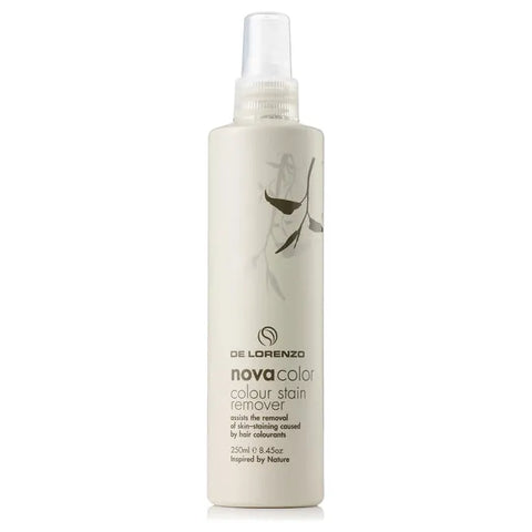 Delorenzo Colour Stain Remover 250ml bottle, hair accessory cleaning product with a clear label and white cap.