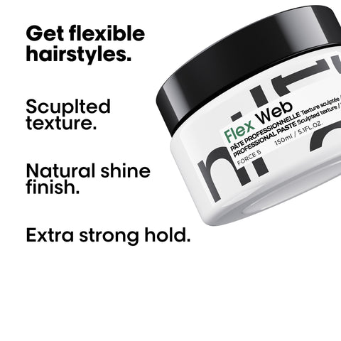 L'Oréal Professionnel Fix Web styling paste in 150ml jar with a sleek black design and product label on the container.