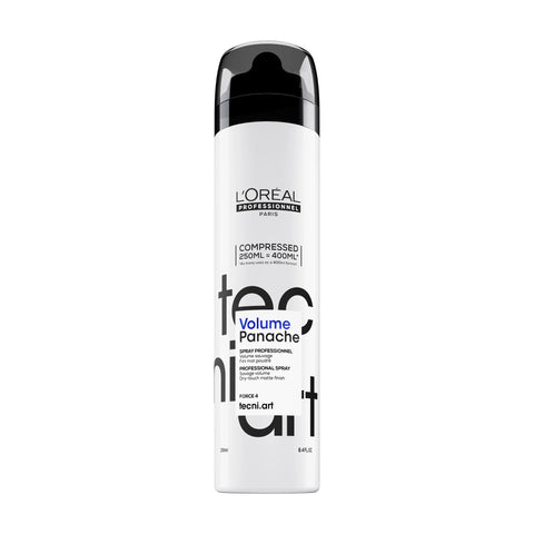 L'Oréal Professionnel Volume Panache styling spray bottle, 250ml, with a sleek design for adding volume and lift to hair.