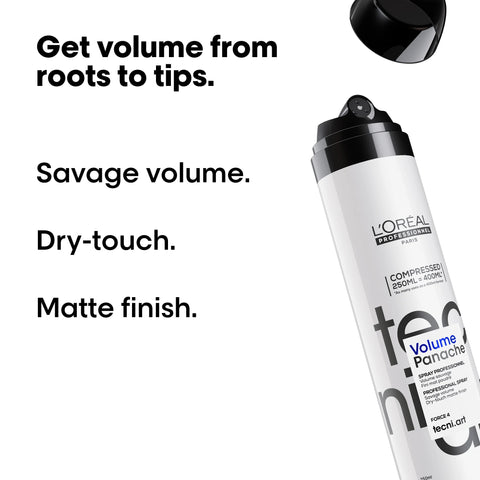 L'Oréal Professionnel Volume Panache styling mousse in a 250ml bottle, with a white and purple design and product label visible.
