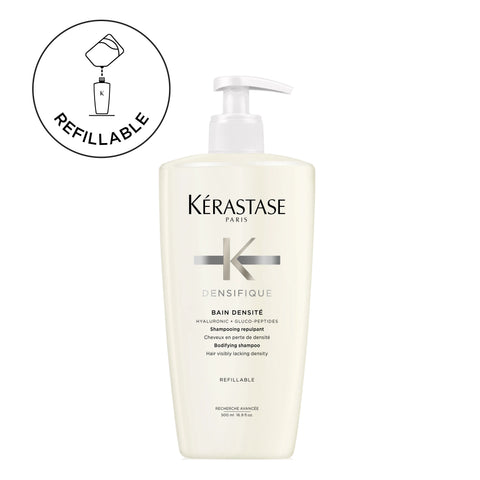 Kérastase Densifique Bain Densité 500ml shampoo bottle with sleek design and label, used for hair thickening and density.