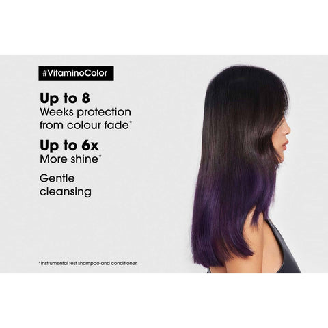 L'Oréal Professionnel Vitamino Color Shampoo 300ml bottle, clear label, and pump dispenser, designed for color-treated hair.