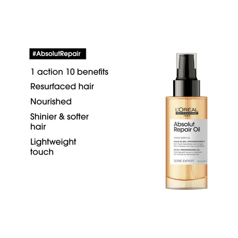 L'Oréal Professionnel Absolut Repair Oil 90ml hair oil bottle with pump dispenser, designed to nourish and repair damaged hair.