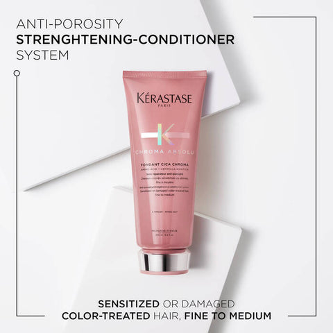 Kérastase Chroma Absolu Riche hair care bundle with nourishing shampoo and conditioner for colored and damaged hair.