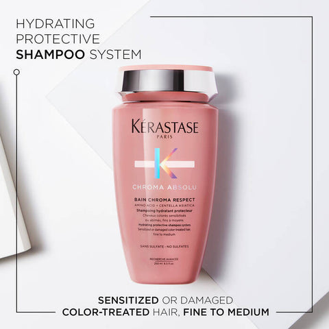 Kérastase Chroma Absolu Respect bundle with shampoo and conditioner for colored hair, displayed in sleek bottles.