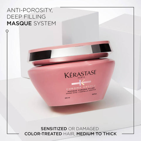 Kérastase Chroma Absolu Respect bundle with hair mask and shampoo in white and purple packaging for color-treated hair.