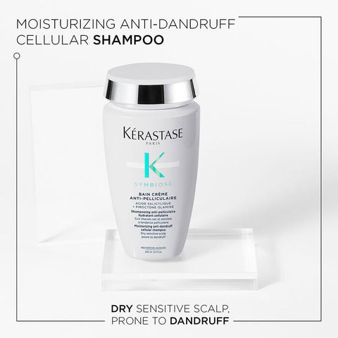 Kérastase Symbiose Crème Hydrating Anti-Dandruff Scalp Shampoo bottle, 250ml, with a sleek design and label details.