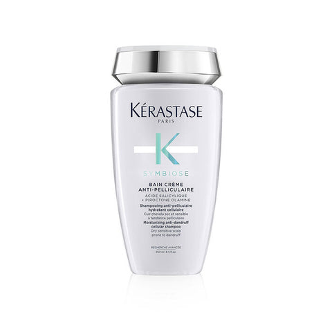 Kérastase Symbiose Crème Hydrating Anti-Dandruff Scalp Shampoo 250ml, creamy formula in a pump bottle with a white cap.