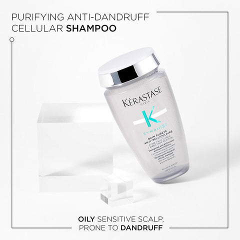 Kérastase Symbiose Pureté anti-dandruff scalp shampoo bottle for oily scalp, 250ml, with clean design and product label visible.