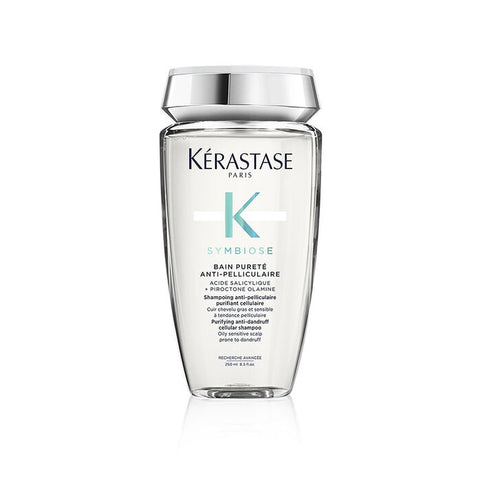 Kérastase Symbiose Pureté anti-dandruff scalp shampoo bottle for oily scalp, 250ml, with a close-up of the product image.