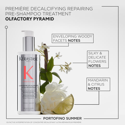 Kérastase Première Decalcifying Ultra-Repairing Pre-Shampoo Treatment bottle, 250ml, with sleek packaging and product label visible.