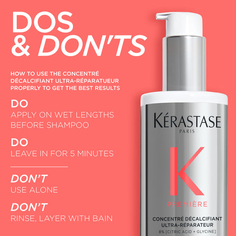 Kérastase Première Decalcifying Ultra-Repairing Pre-Shampoo Treatment bottle, 250ml, for hair repair and hydration.