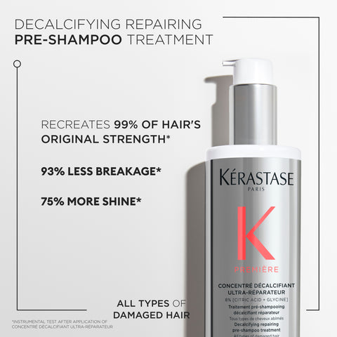 Kérastase Première Decalcifying Ultra-Repairing Pre-Shampoo Treatment bottle, 250ml, with sleek design and product label.