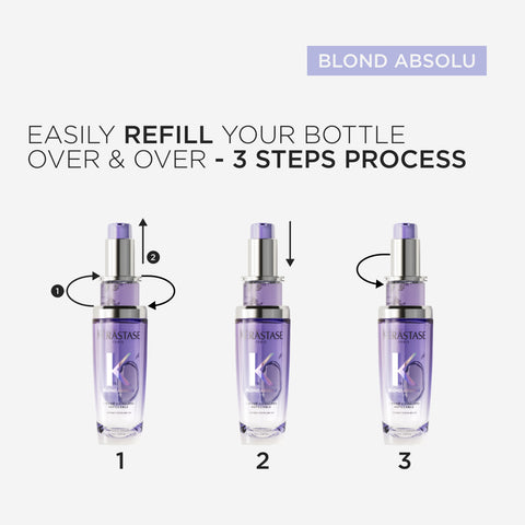 Kérastase Blond Absolu L'Huile Cicagloss hair oil refill 75mL for nourishing and illuminating blonde hair, displayed in a sleek bottle.