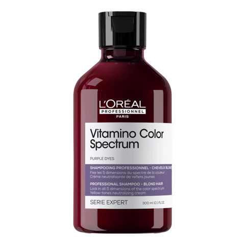 L'Oréal Professionnel Vitamino Color Spectrum Purple Shampoo bundle showing purple bottles for color-treated hair care.
