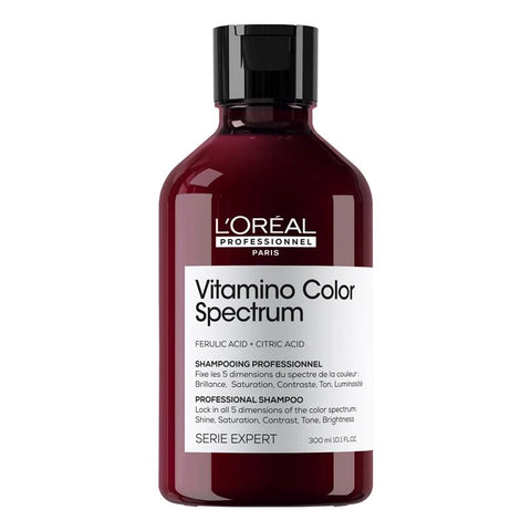 L'Oréal Professionnel Vitamino Color Spectrum Shampoo bundle with multiple bottles featuring colorful labels and professional haircare packaging