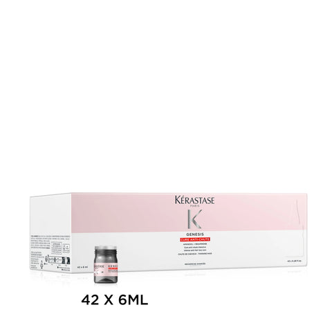 Kérastase Genesis anti-thinning treatment ampoules, 42 small vials of fortifying hair serum for thinning hair care.