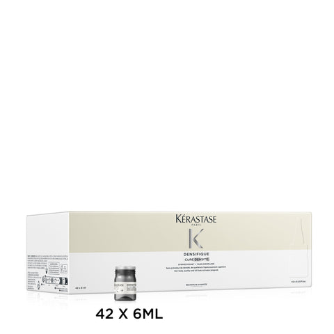 Kérastase Densifique Density Activator ampoules for scalp treatment, showing 42 small 6mL vials on the product package.