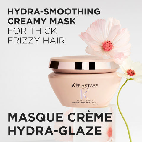 Kérastase Gloss Absolu Masque Crème Hydra-Glaze 200mL, luxurious hair mask in a sleek jar with a shiny lid.