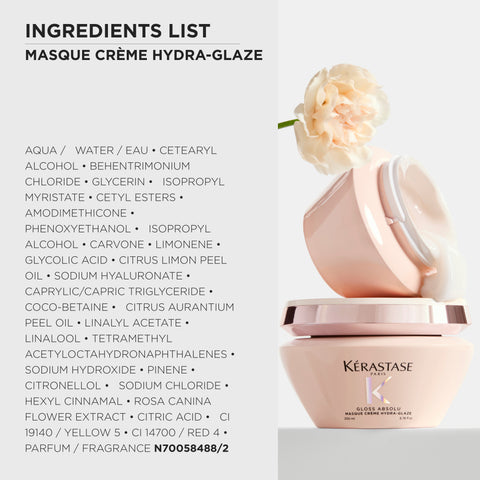 Kérastase Gloss Absolu Masque Crème Hydra-Glaze in a 200mL jar, showing the luxurious hair mask product and packaging.