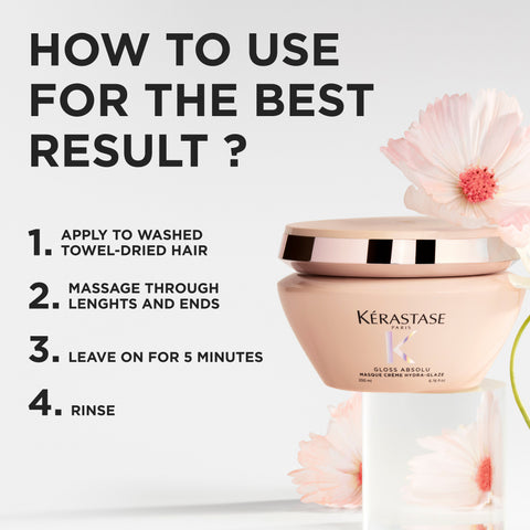 Kérastase Gloss Absolu Masque Crème Hydra-Glaze 200mL hair mask in a jar, designed to enhance shine and hydration.