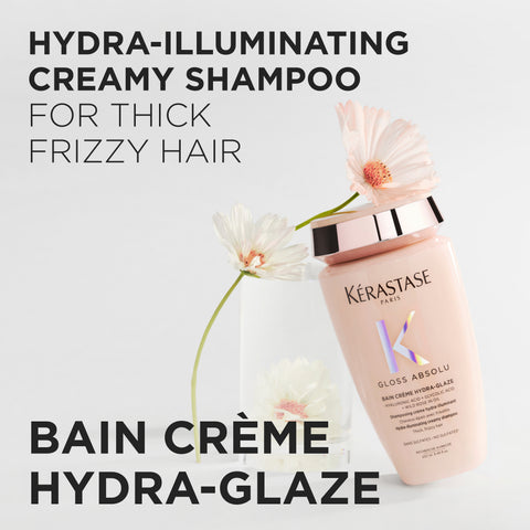 Kérastase Gloss Absolu Bain Crème Hydra-Glaze shampoo bottle, 250mL, with sleek packaging and product label visible.