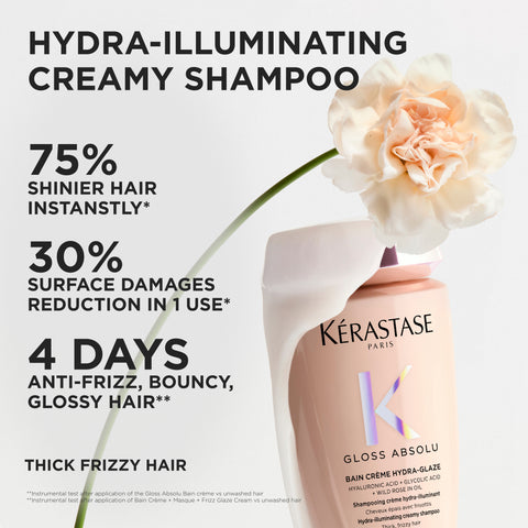 Kérastase Gloss Absolu Bain Crème Hydra-Glaze shampoo bottle, 250ml, with sleek packaging and product label visible