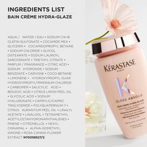 Kérastase Gloss Absolu Bain Crème Hydra-Glaze shampoo bottle, 250mL, with sleek design and product label visible.
