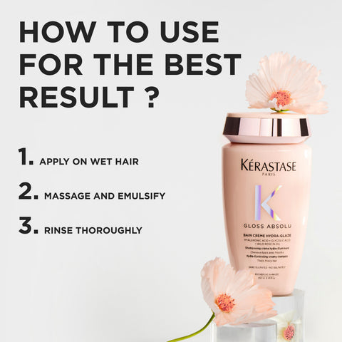 Kérastase Gloss Absolu Bain Crème Hydra-Glaze shampoo bottle, 250mL, with sleek packaging and product label visible.