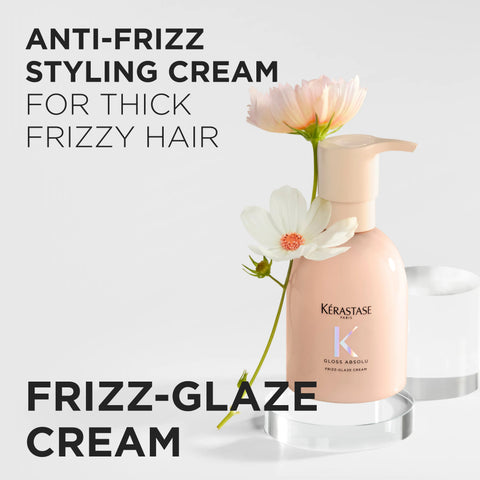 Kérastase Gloss Absolu Frizz-Glaze Styling Lotion in 250mL bottle, shown with sleek, shiny hair and the product packaging.