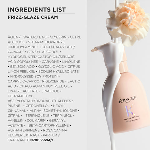 Kérastase Gloss Absolu Frizz-Glaze Styling Lotion bottle, 250mL, with sleek packaging and product label visible.