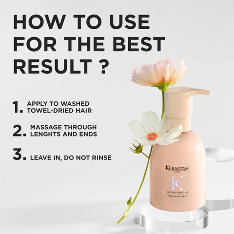 Kérastase Gloss Absolu Frizz-Glaze Styling Lotion in a 250mL bottle, smooths frizz and adds shine to hair.
