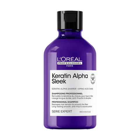 L'Oreal Professionnel Keratin Alpha Sleek shampoo bottle with 300ml size, featuring sleek black and silver packaging.