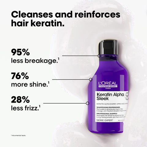 L'Oreal Professionnel Keratin Alpha Sleek shampoo bottle in 300ml size, featuring sleek black and white packaging.