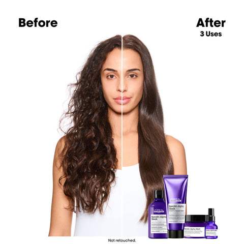 L'Oreal Professionnel Keratin Alpha Sleek shampoo bottle with sleek black and white design, 300ml size, for smooth, shiny hair care.