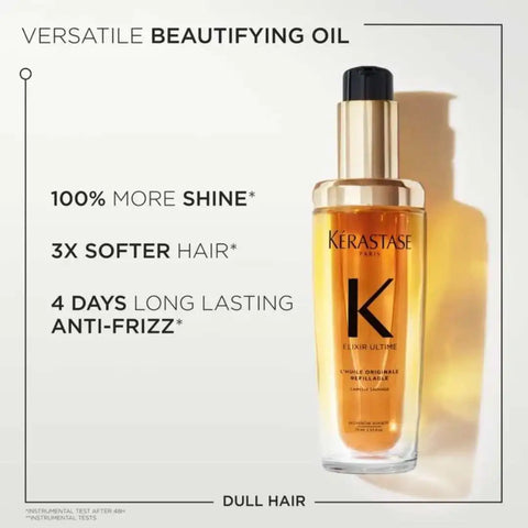 Kérastase Elixir Ultime Original Hair Oil 75ml refill bottle showing sleek packaging and golden oil inside.